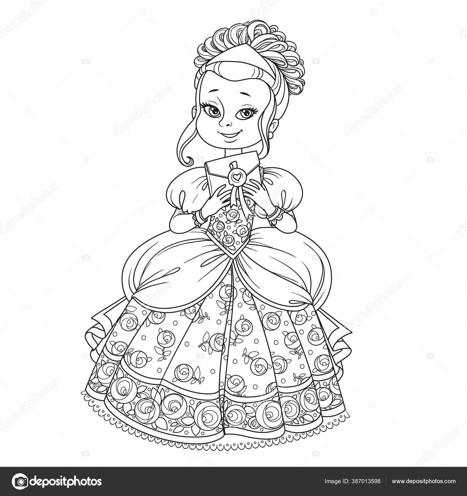 Beautiful princess holding letter envelope outlined picture coloring book white stock vector by yadviga