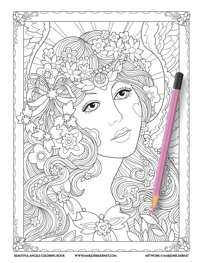 Angel face with bow and flowers beautiful angels coloring book marjorie sarnat angel coloring pages illustration design illustration