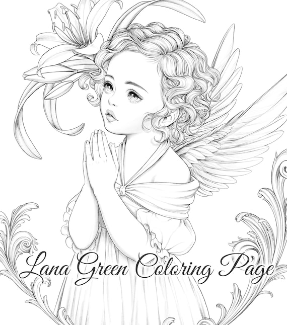 Baby angel coloring page for adults grayscale coloring page instant download lana green art jpeg pdf