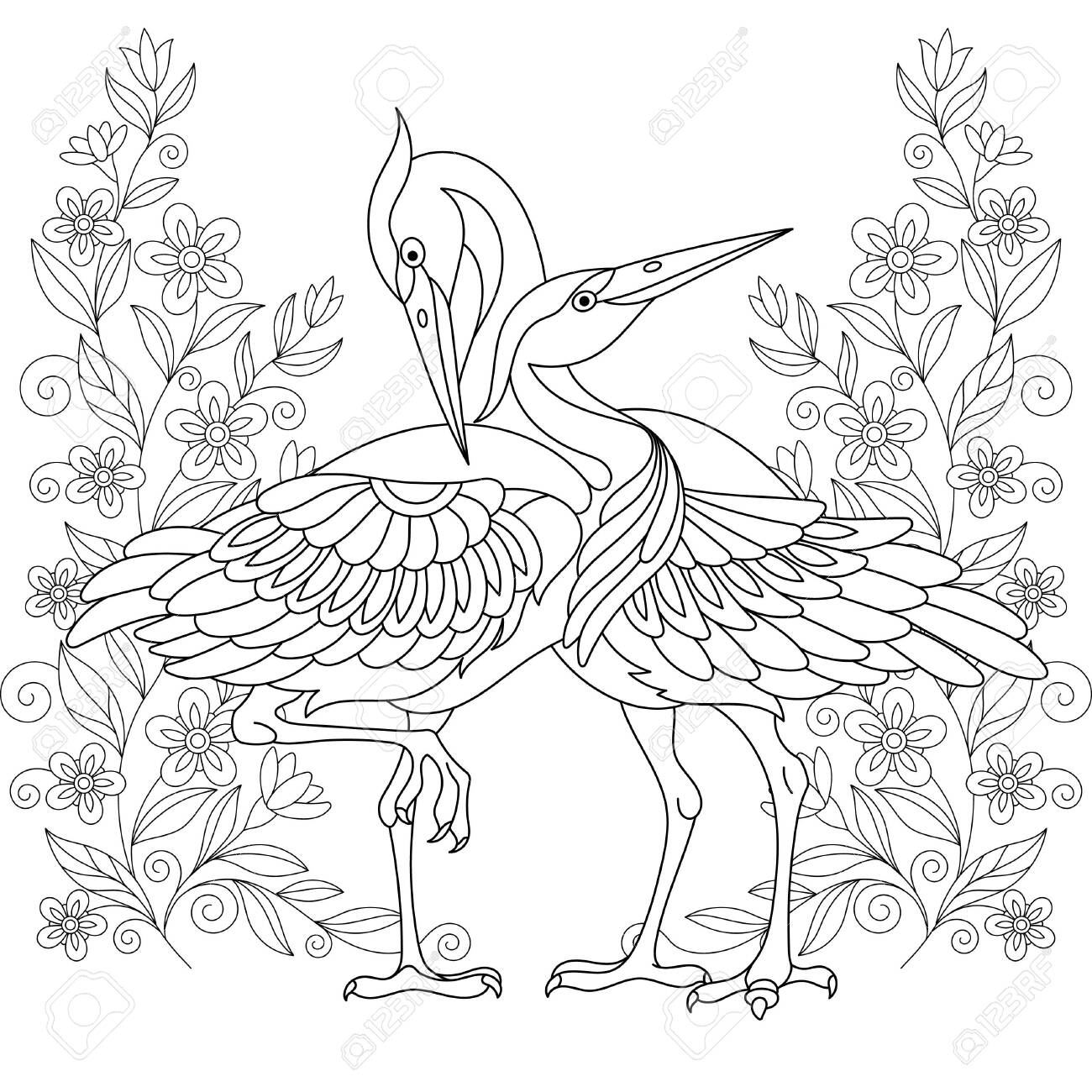 Coloring page beautiful crane birds among flowers line art design for adult colouring book with doodle and elements royalty free svg cliparts vectors and stock illustration image