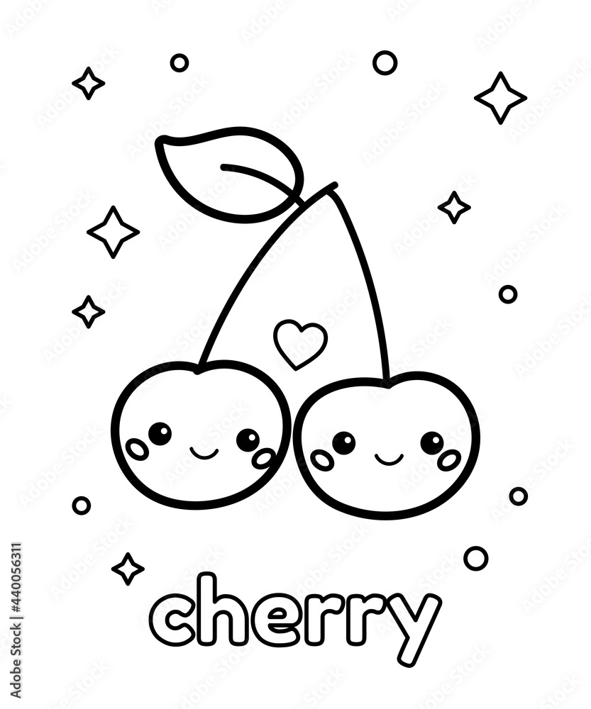 Coloring page for preschool children cute cartoon kawaii cherry with faces outline berry vector illustration vector