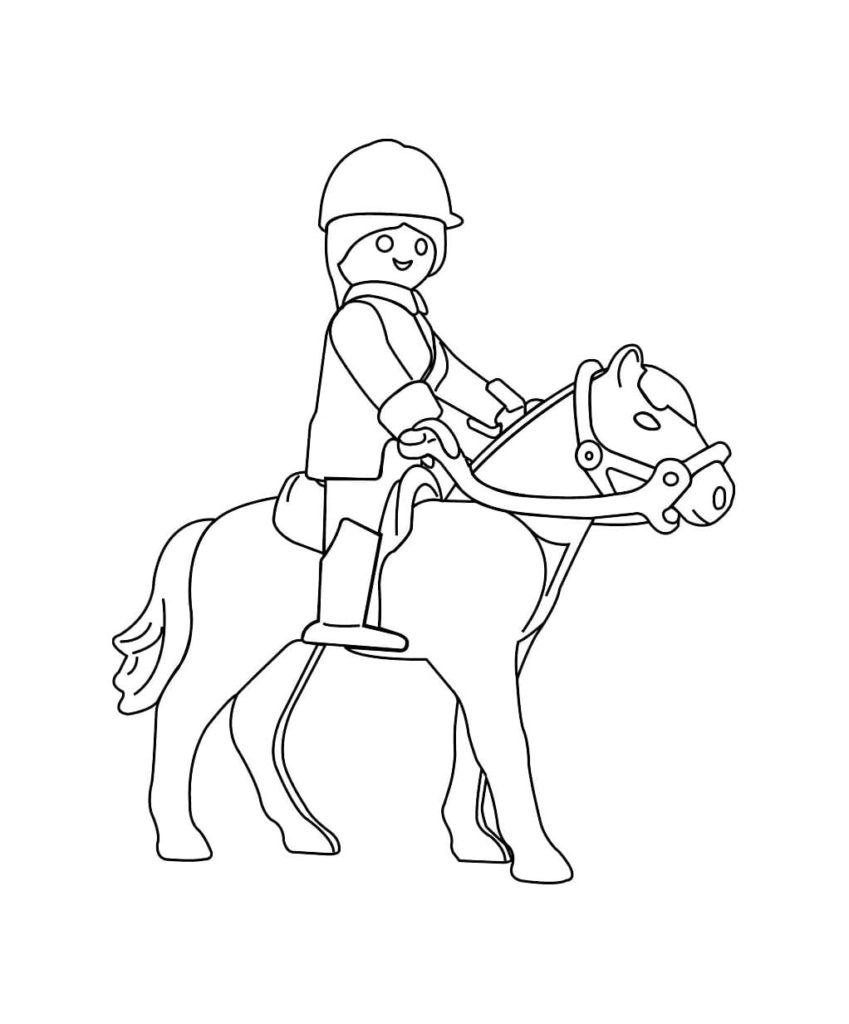 Drawing of a playmobil man riding a horse coloring page