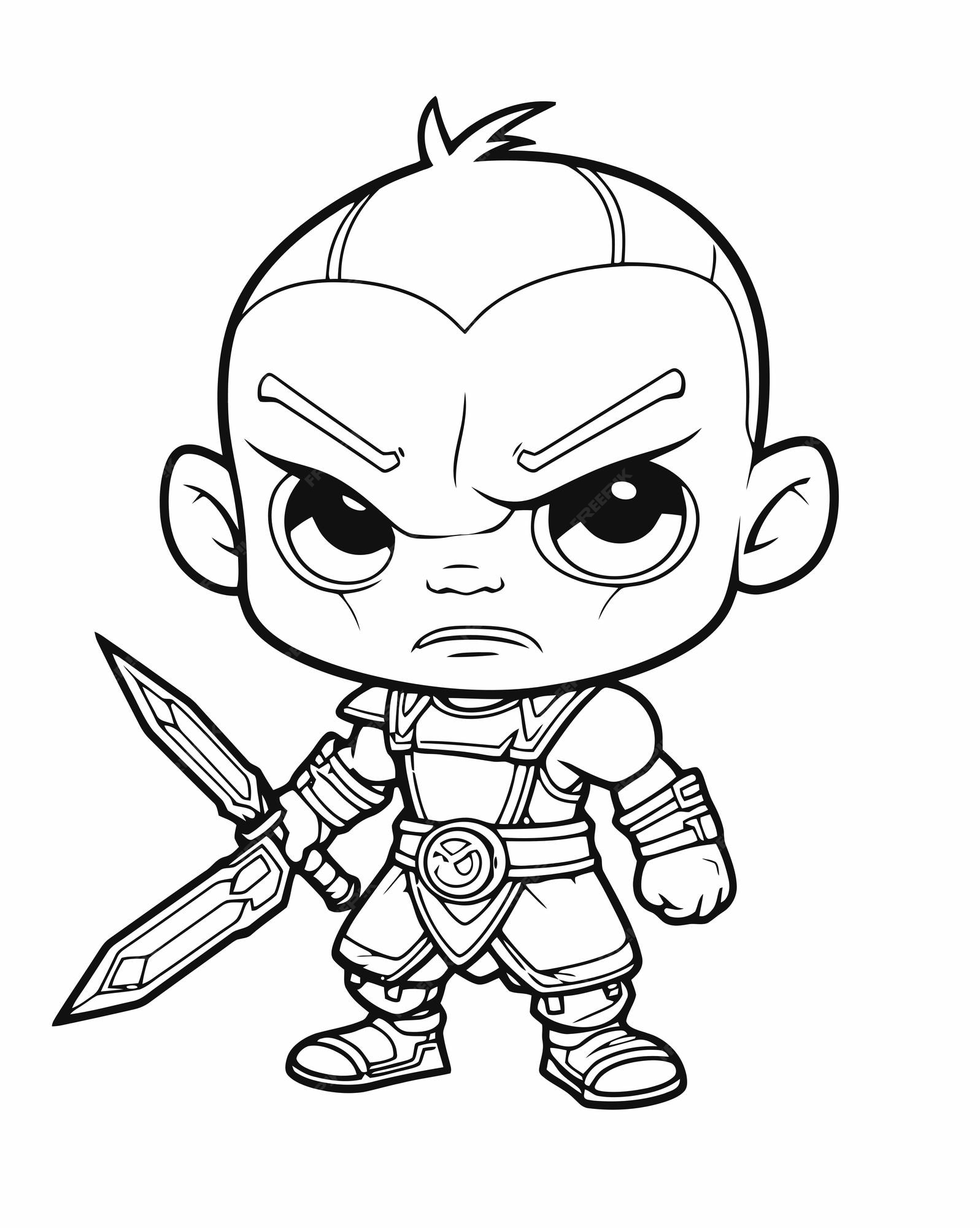 Premium vector coloring page of a cartoon avatar character holding a sword