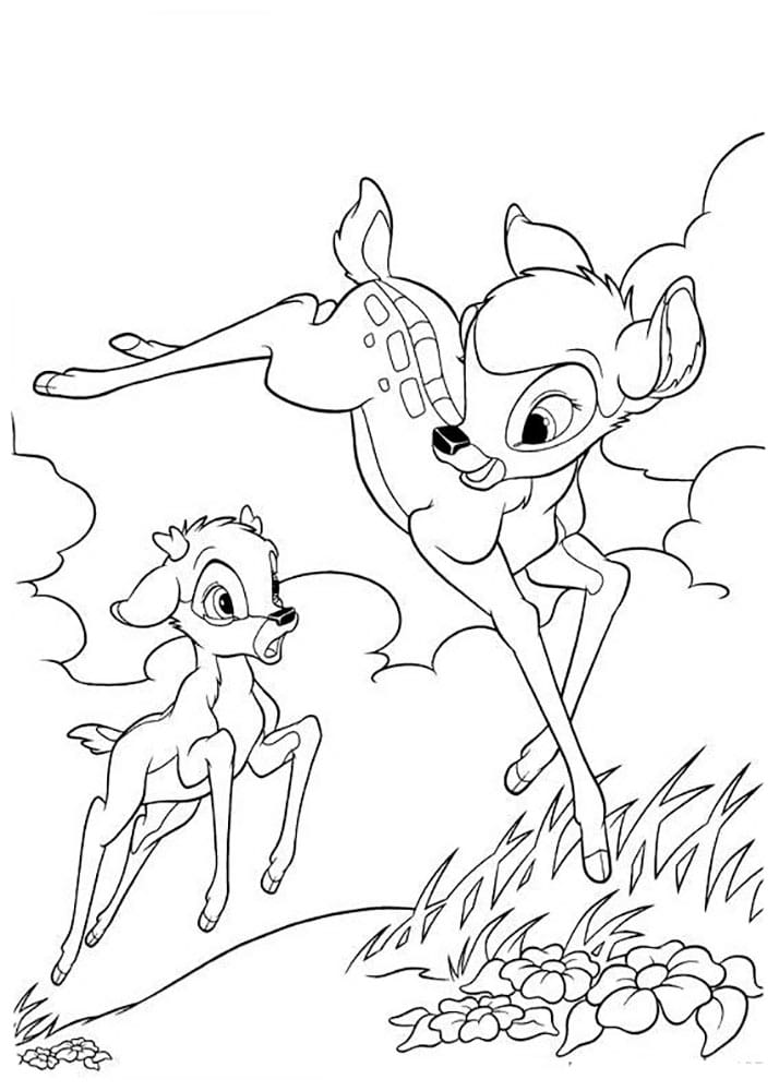 Cute drawing of bambi running with a friend coloring page