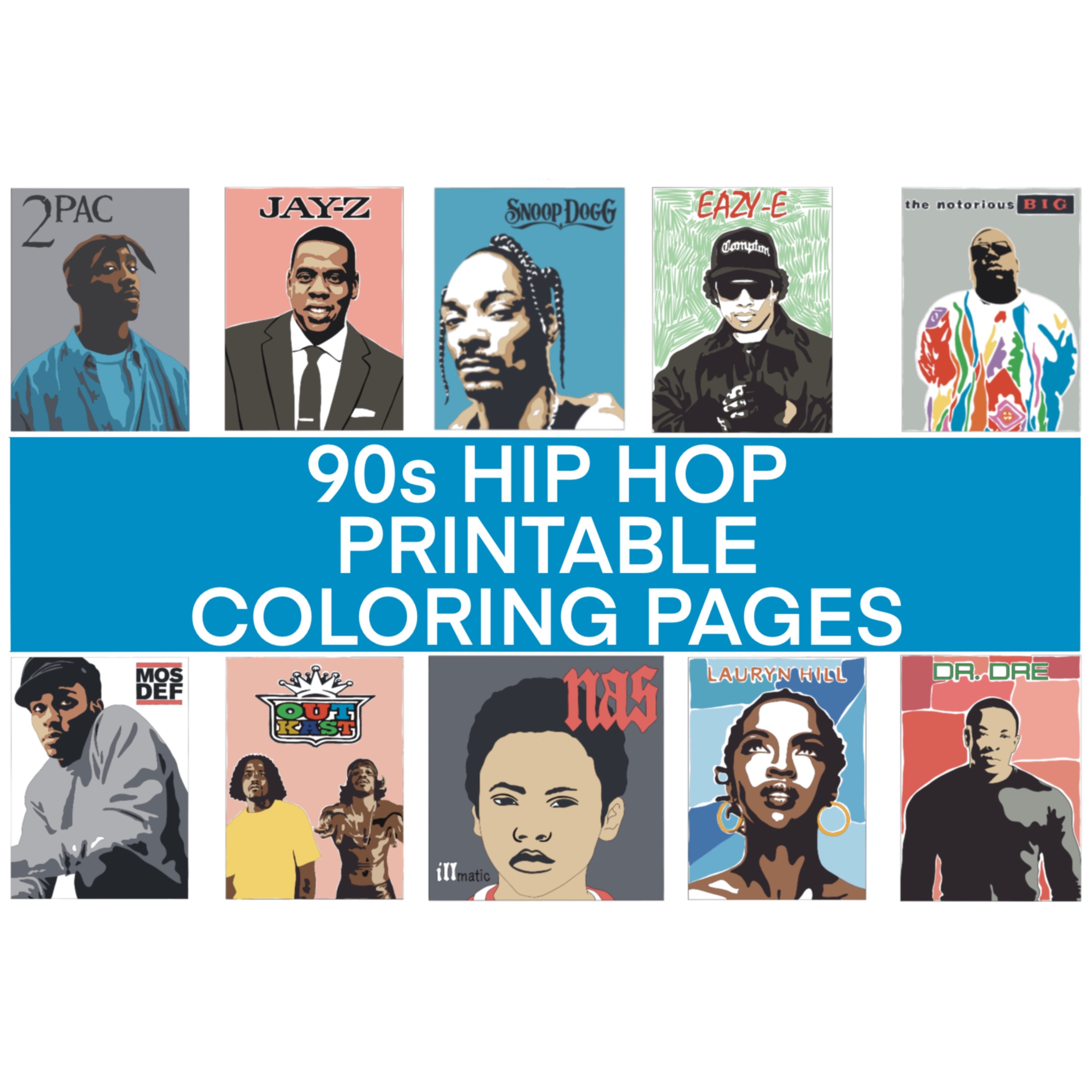 S hip hop coloring pages printable pac biggie jay z dre snoop etc pgs instant download