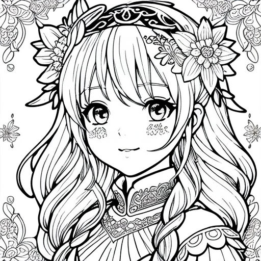 Line art with no color of a smiling female character with long hair