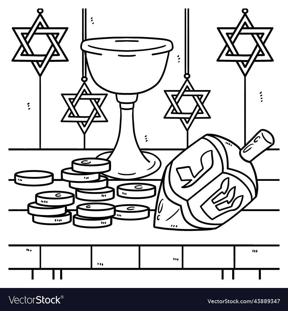 Hanukkah dreidel coins and chalice coloring page vector image