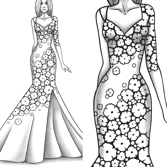 Adult coloring page fashion and clothes colouring sheet model grayscale pdf printable girls relaxing zentangle line art