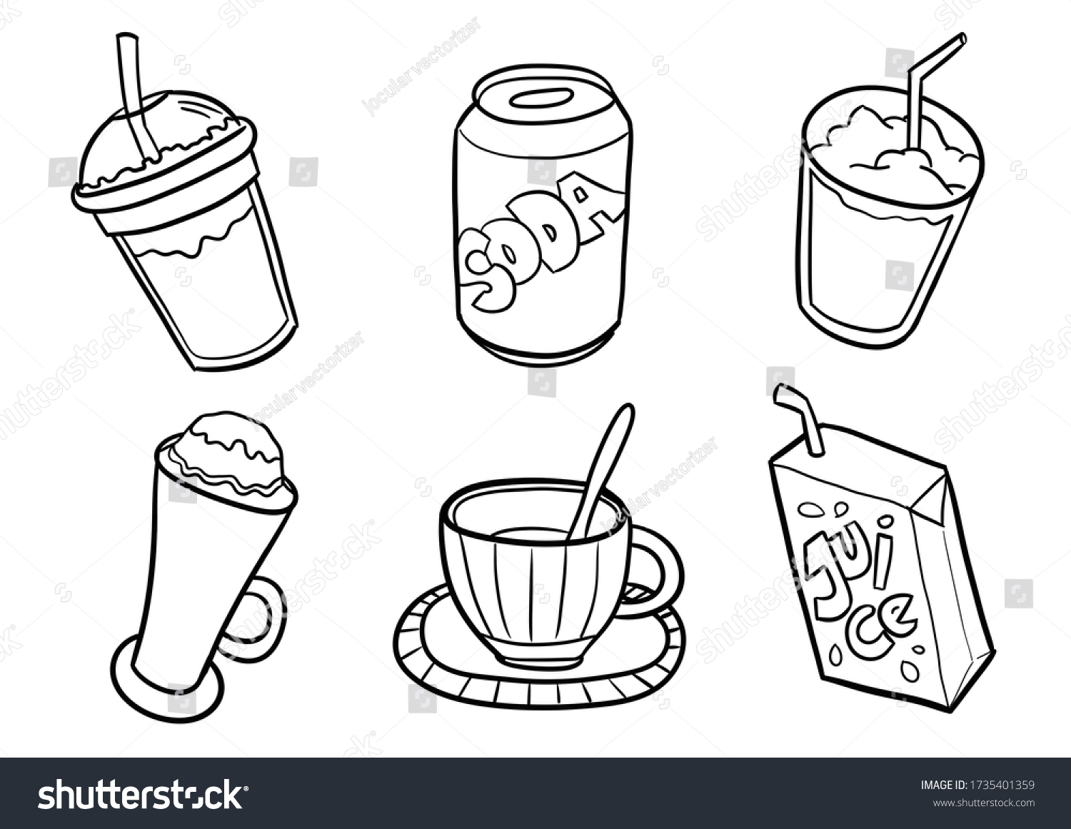 Cute funny drinks coloring page kawaii stock illustration