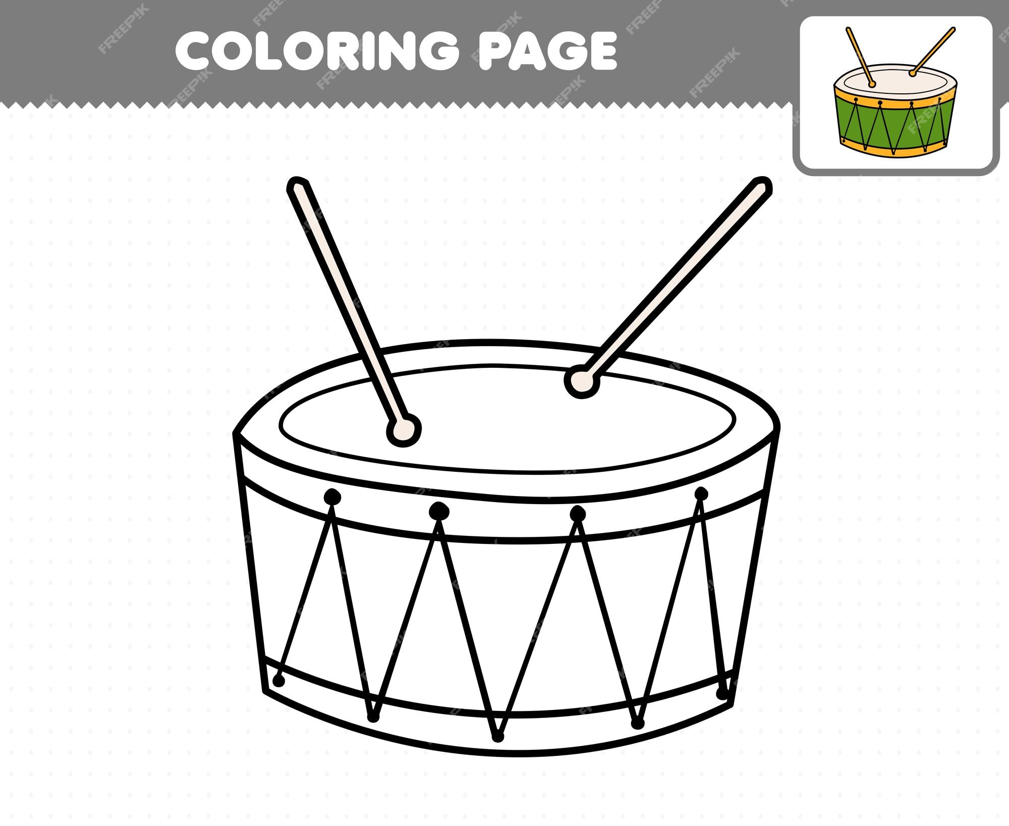 Premium vector education game for children coloring page cartoon music instrument drum printable worksheet