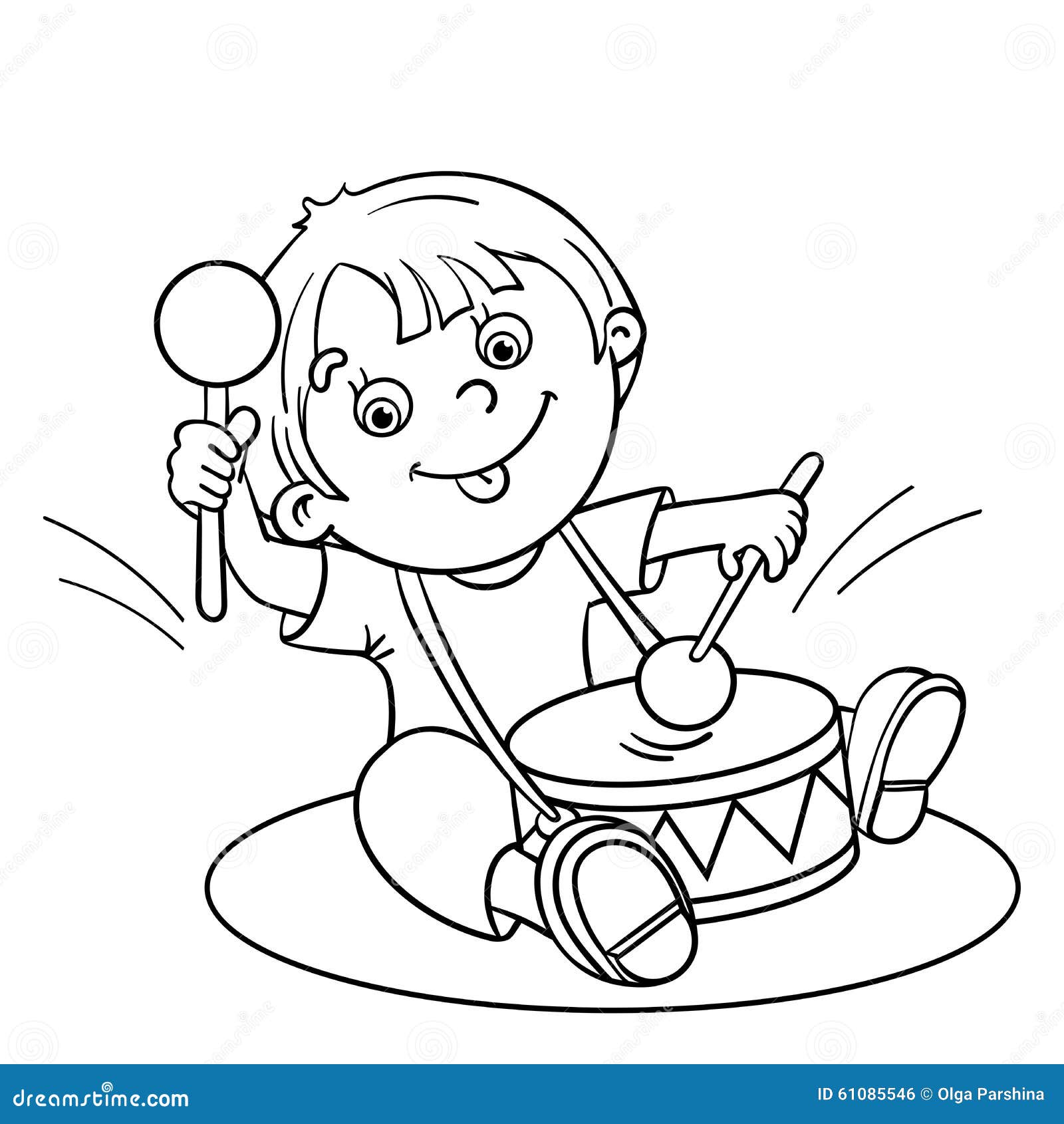 Coloring page outline of a cartoon boy playing the drum stock vector