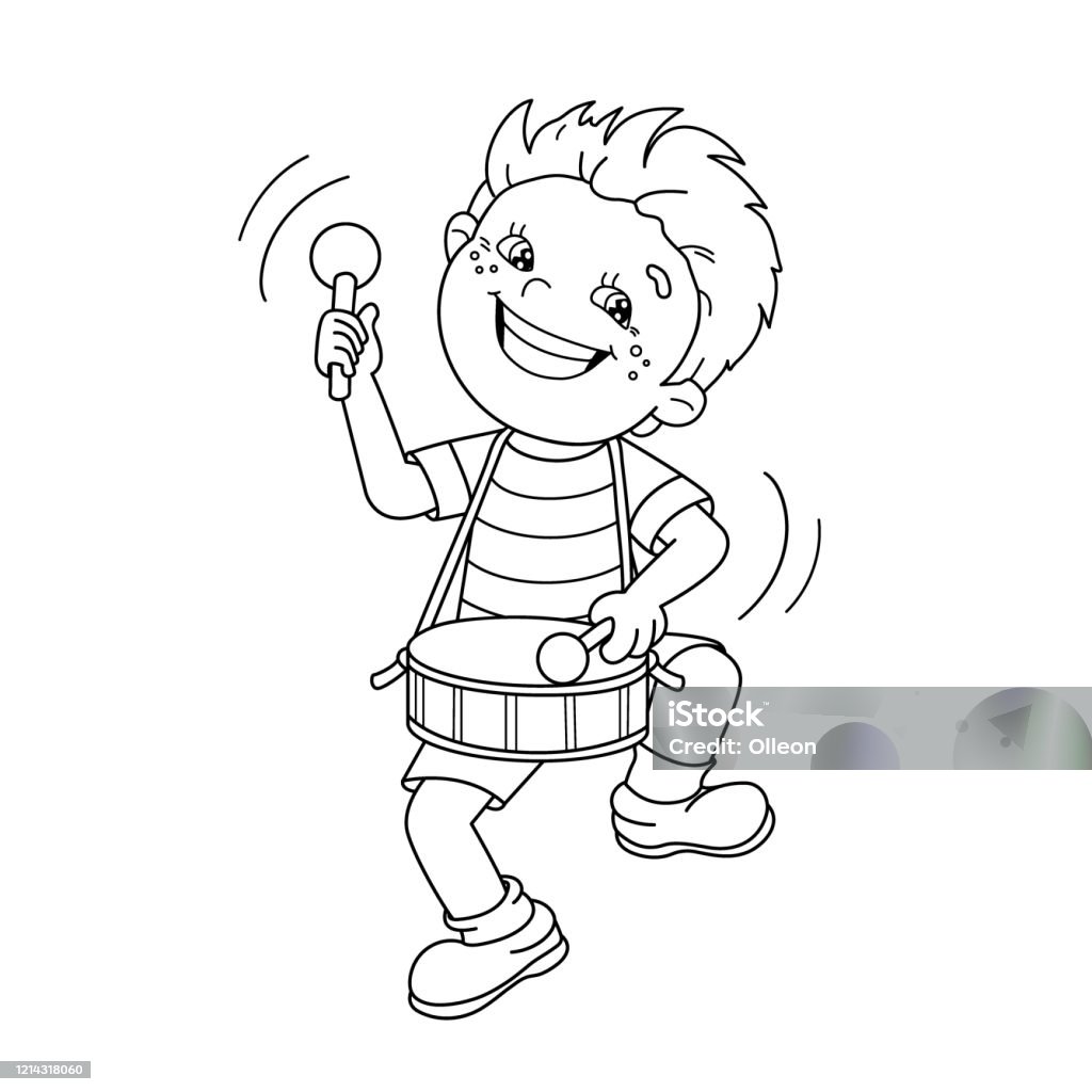 Coloring page outline of cartoon boy playing the drum musical instruments coloring book for kids stock illustration