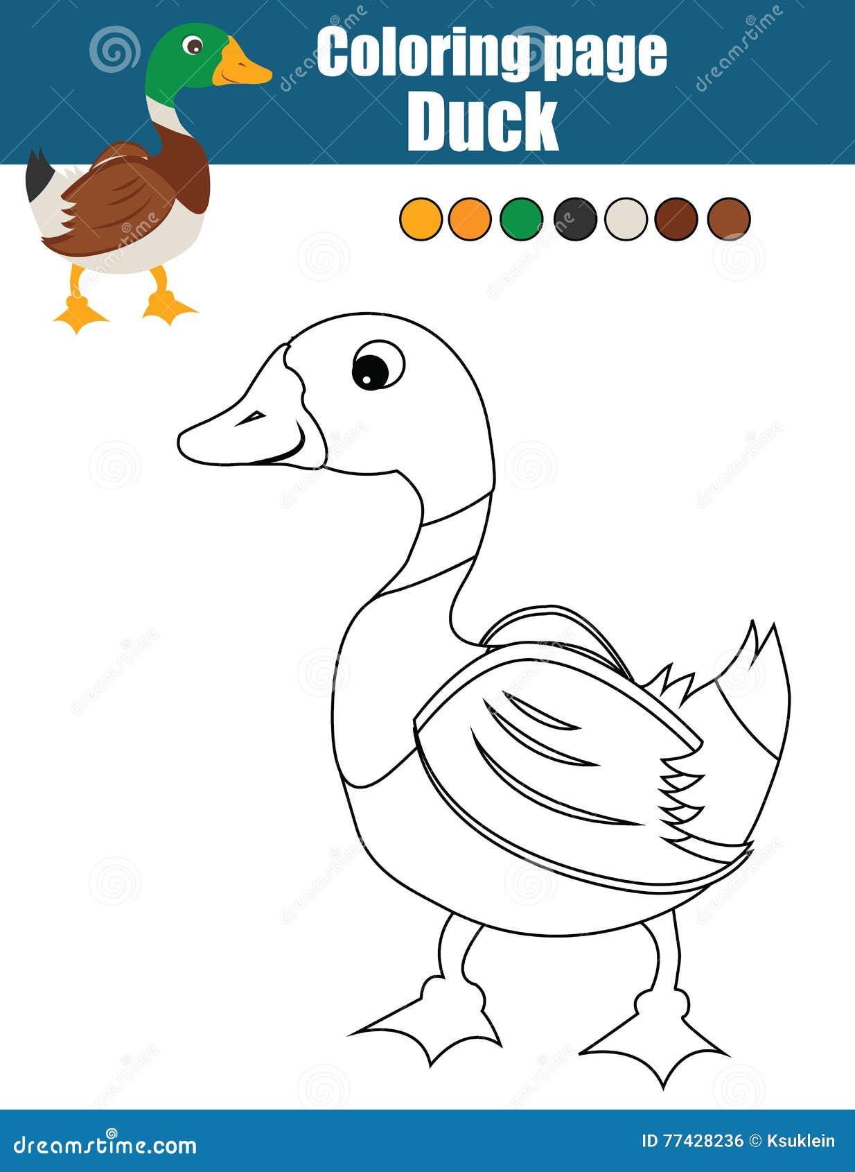 Coloring page with duck educational game drawing kids activity stock vector