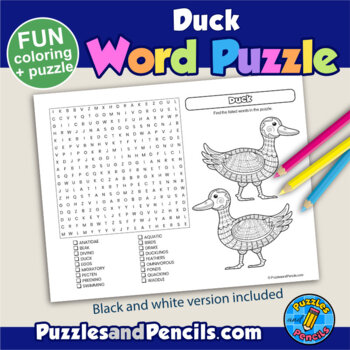 Duck word search puzzle and coloring activity page by puzzles and pencils