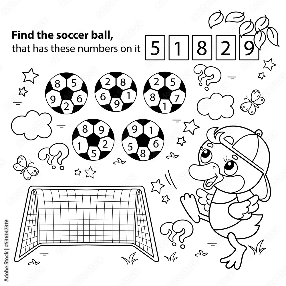 Math game puzzle for kids coloring page outline of cartoon duck or duckling with soccer ball football sport coloring book for children vector