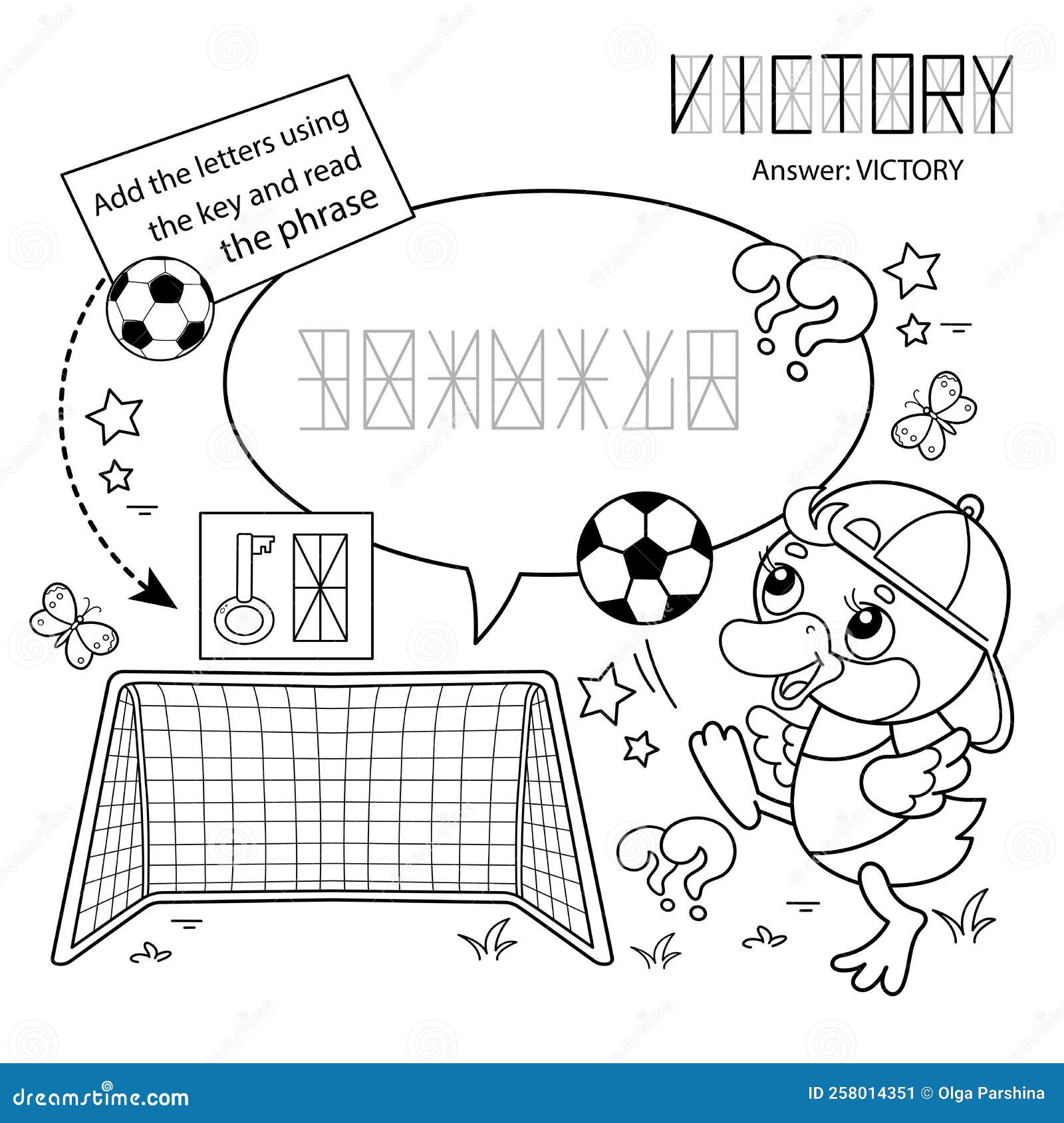 Puzzle game for children coloring page outline of coloring page outline of cartoon duck or duckling with soccer ball football stock vector