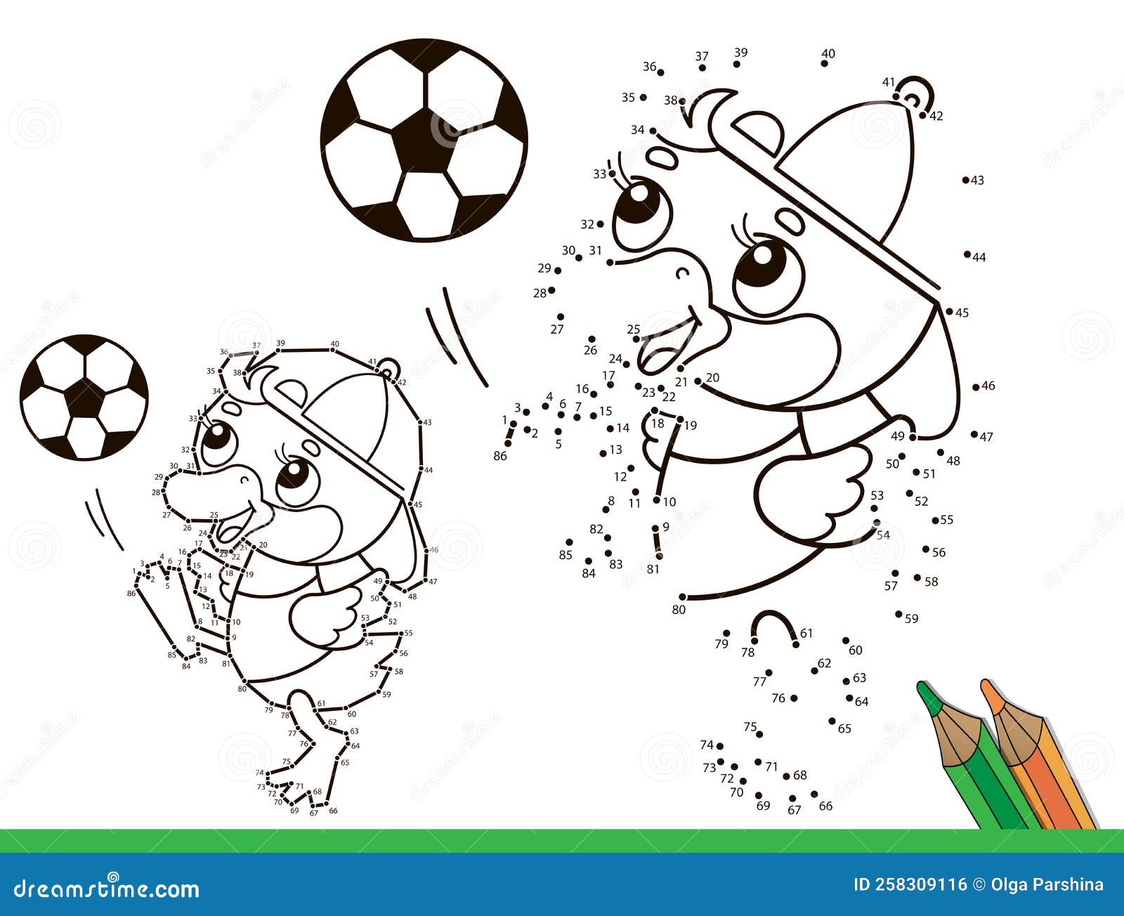 Puzzle game for kids numbers game coloring page outline of cartoon duck or duckling with soccer ball football sport stock vector