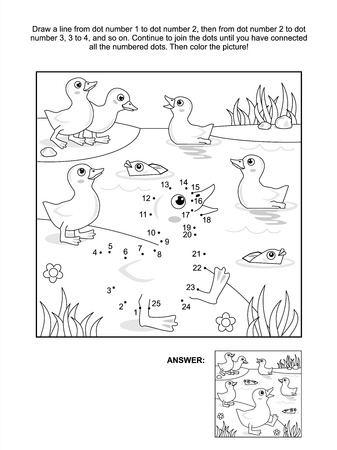 Connect the dots picture puzzle and coloring page with ducklings and fish at the pond answer included