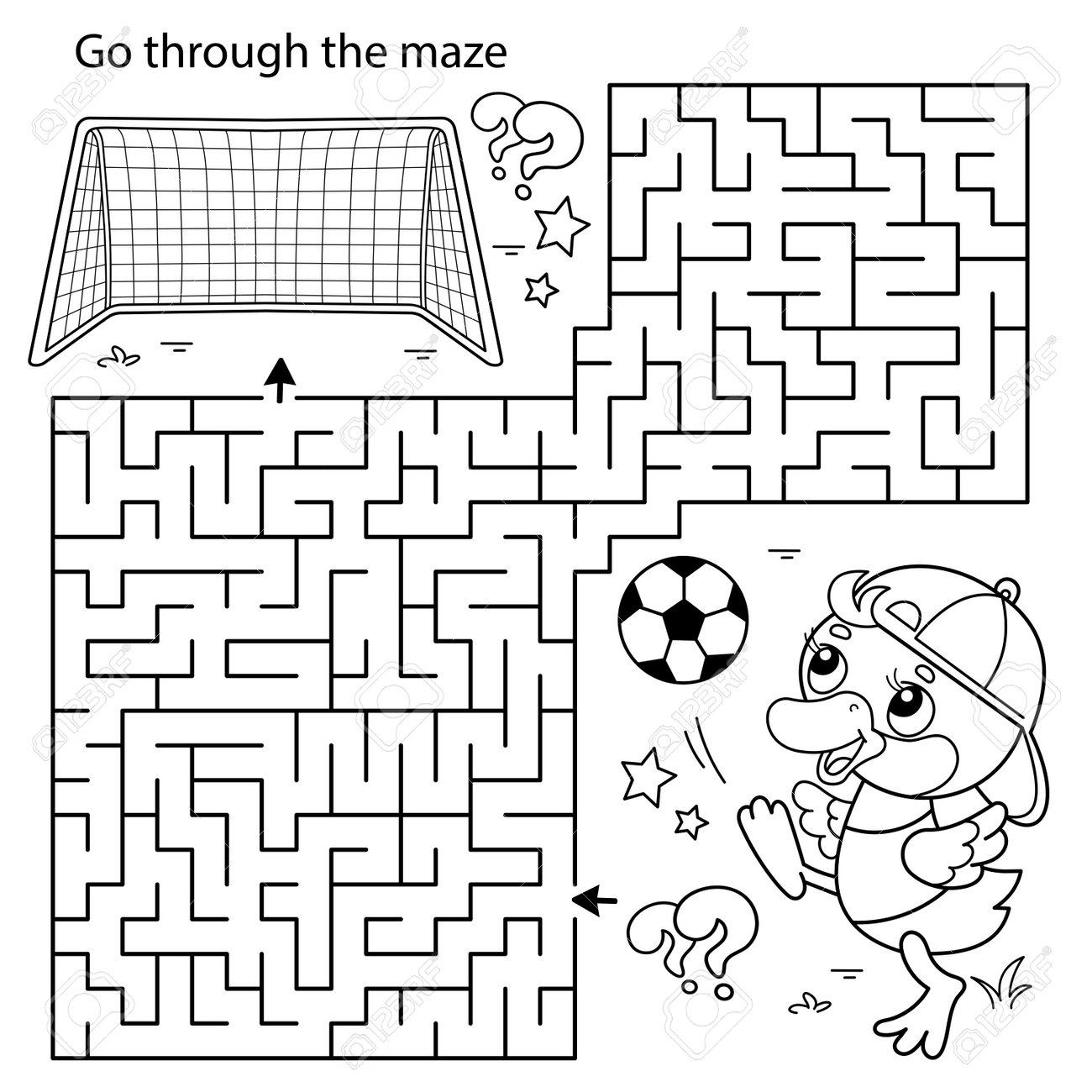 Maze or labyrinth game puzzle coloring page outline of cartoon duck or duckling with soccer ball football sport coloring book for kids ðððððñññ svg ððµðºñðññ ð ððððñ ðððññññðñðð ððµð