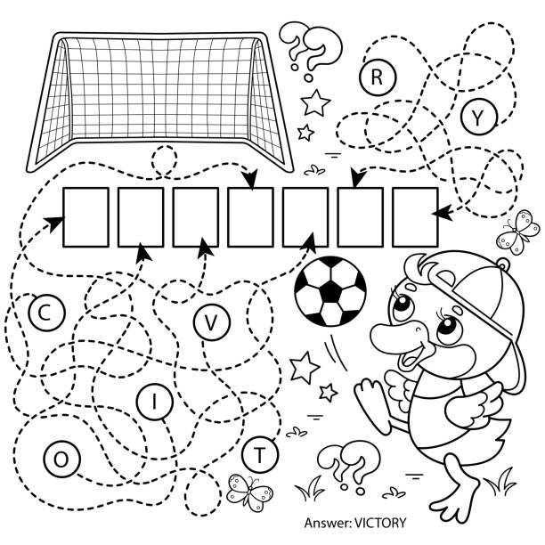 Maze or labyrinth game puzzle coloring page outline of cartoon duck or duckling with soccer ball football sport coloring book for kids stock illustration