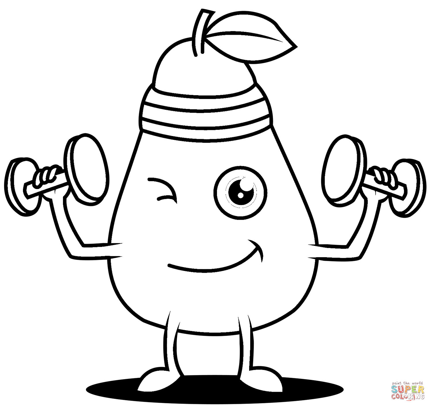 Avocado character is exercising with dumbbell coloring page free printable coloring pages