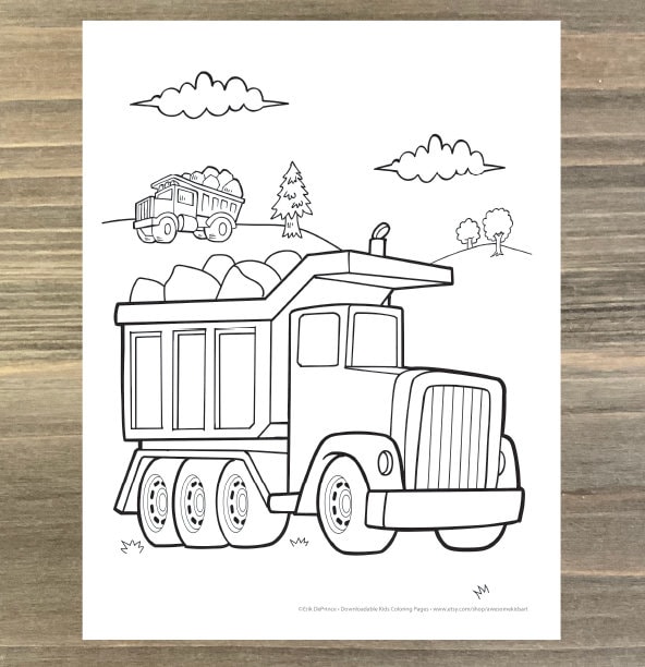 Big construction dump truck coloring page downloadable pdf file