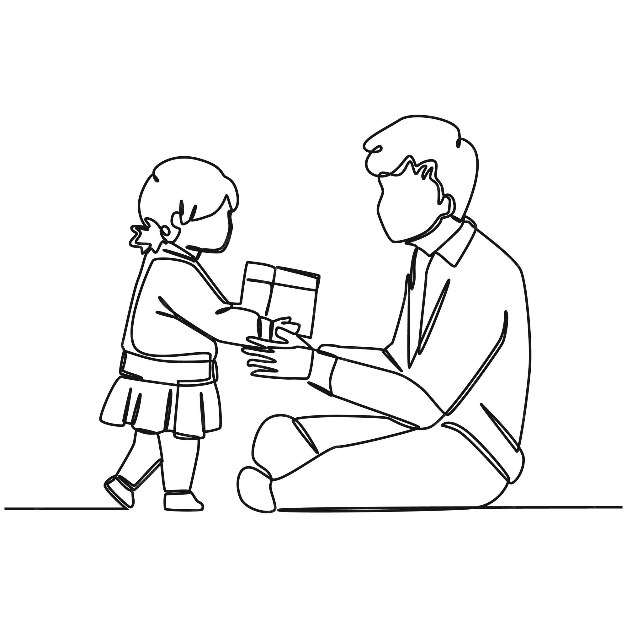 Ciä gåy jeden rysunek linii dziecka dziewczyna dajä c prezent jej ojcu ojciec jest superbohaterem szczäåliwy dzieå ojca pojedyncza linia rysowania projekt wektor graficzny ilustracja premium wektor