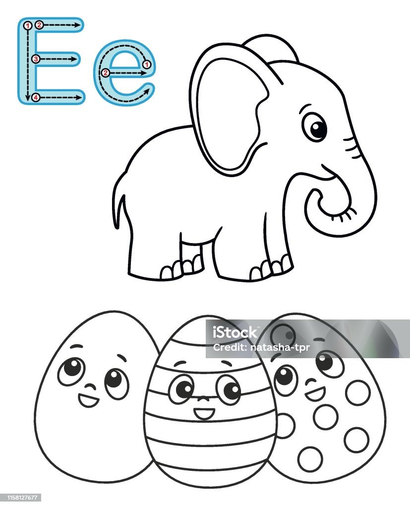Letter e elephant easter egg vector coloring book alphabet printable coloring page for kindergarten and preschool stock illustration