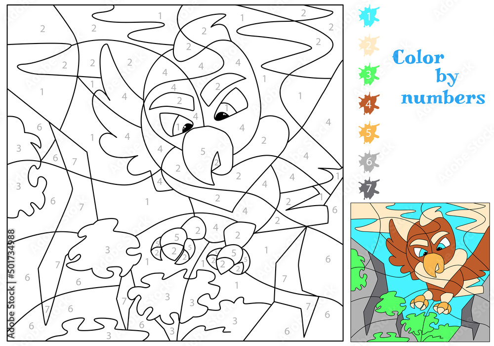 The eagle flies high in the mountains coloring by numbers coloring book educational puzzle game for kids vector