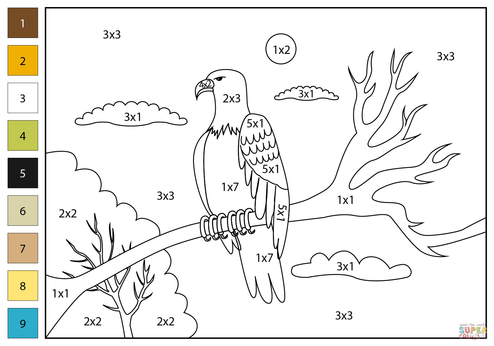 Multiplication color by number bald eagle free printable coloring pages