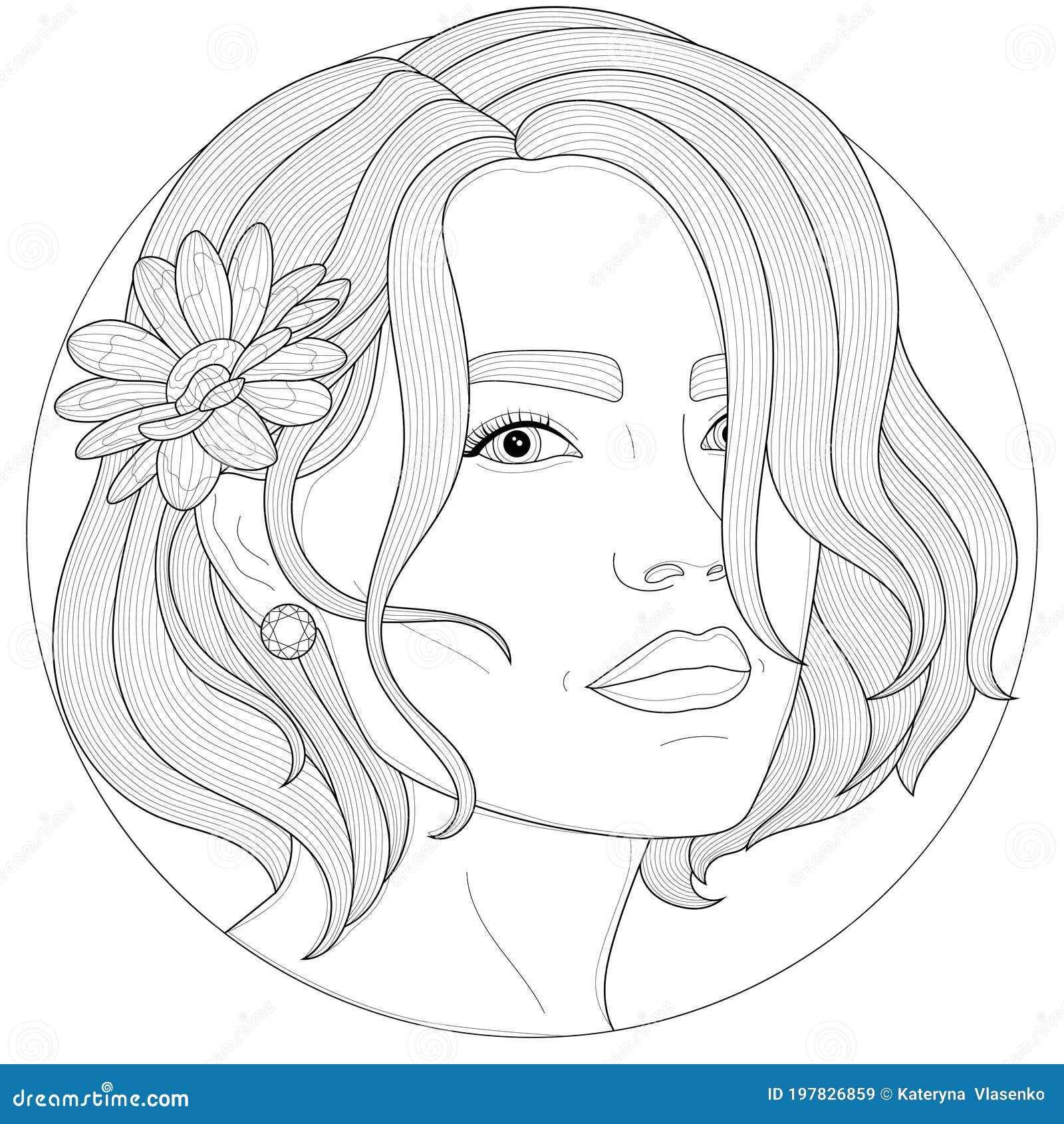 Girl with a camomile behind her earcoloring book antistress for children and adults stock illustration
