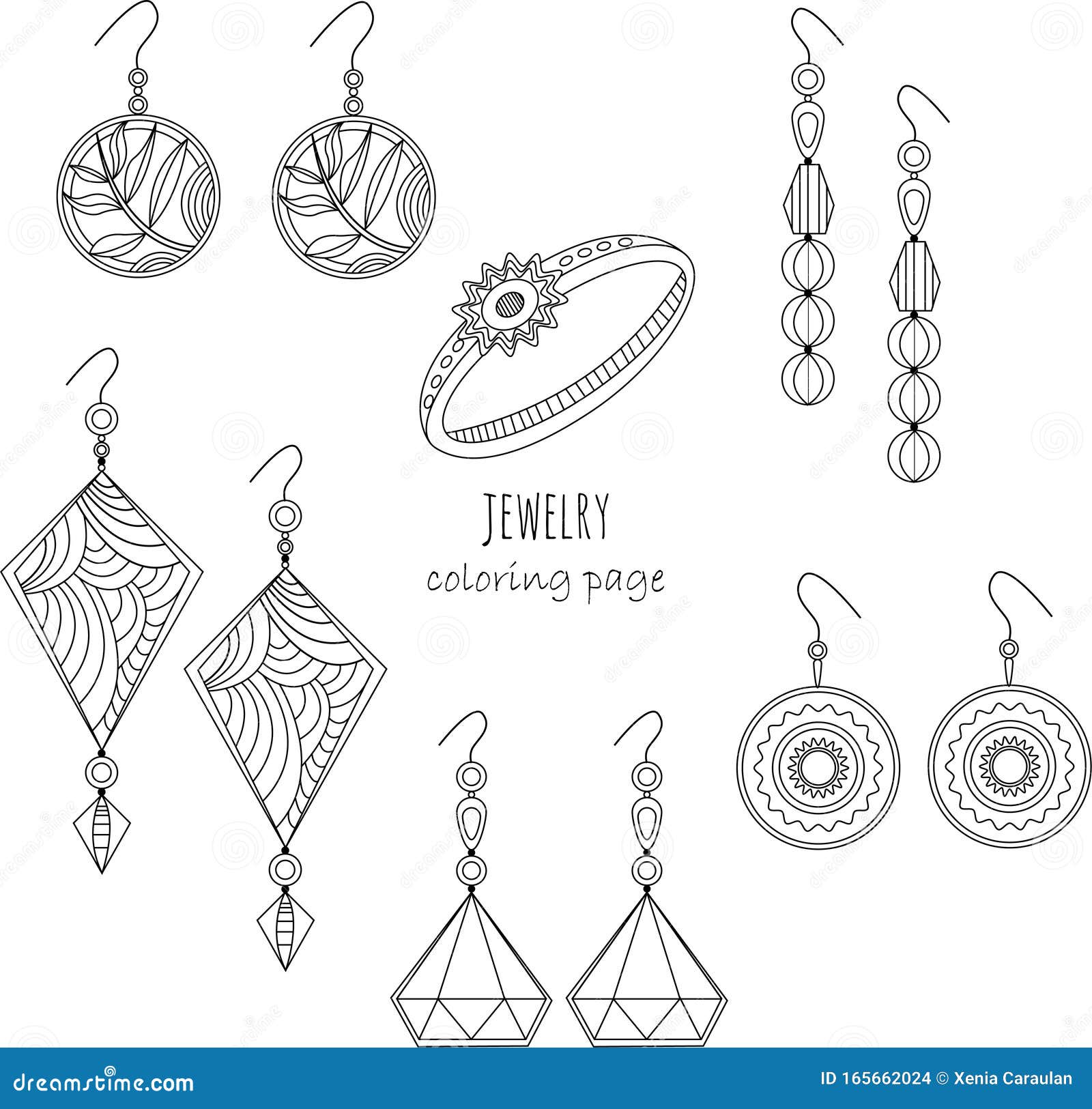 Jewelry earrings rings fashion black and white outline coloring page stock vector