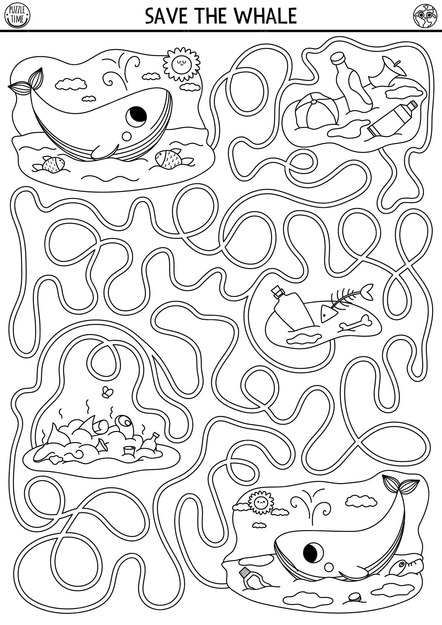Premium vector ecological black and white maze for children with endangered animal concept save the whale game earth day preschool activity eco awareness labyrinth coloring page nature protection printablexa