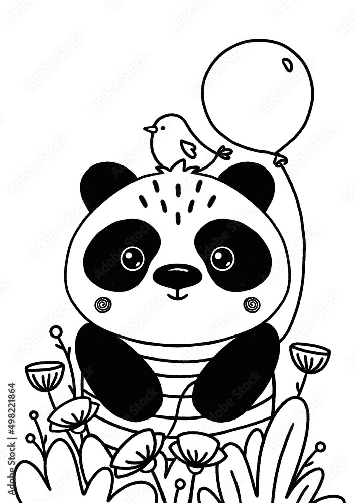 Cute cartoon panda character outline simply easy coloring page for kids contour drawing characters nursery design elements for poster cards coloring book illustration