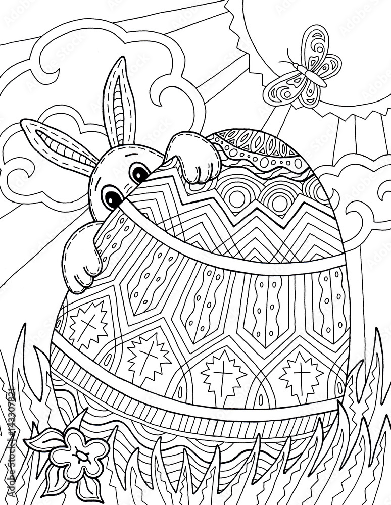 Easter bunny egg hunt adult coloring page illustration