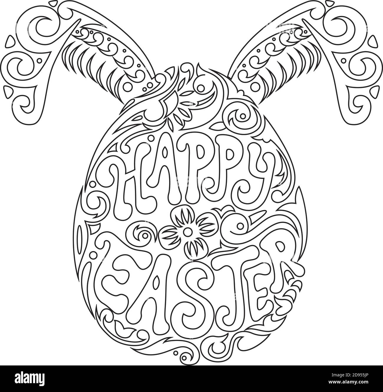 Hand drawn easter egg and bunny ears for adult coloring page in doodle stock vector image art