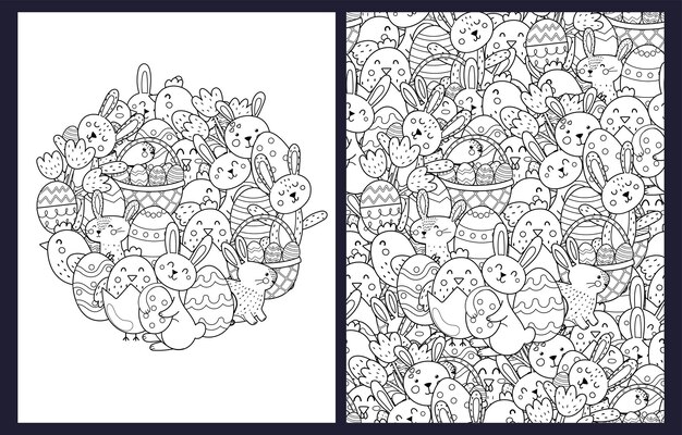 Premium vector cute easter bunnies and chicks coloring pages set in us letter format doodle backgrounds