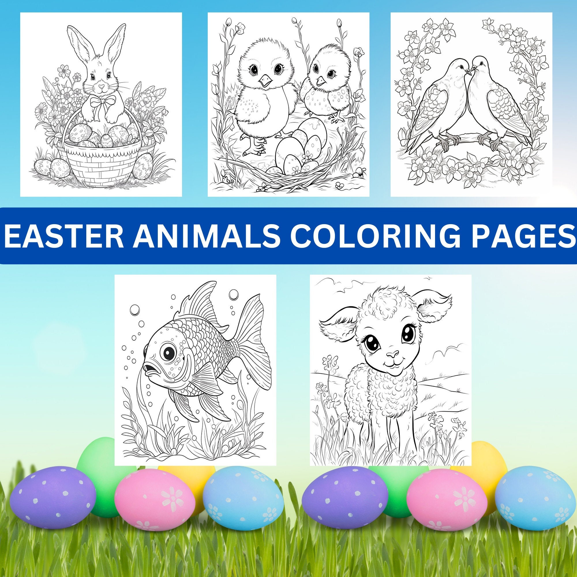 Childrens easter animals coloring pages printable art instant digital dowloads