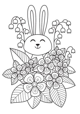 Cute easter bunny in flowers doodle coloring book page hand drawn black and white sketch antistress coloring book page for adults royalty free svg cliparts vectors and stock illustration image