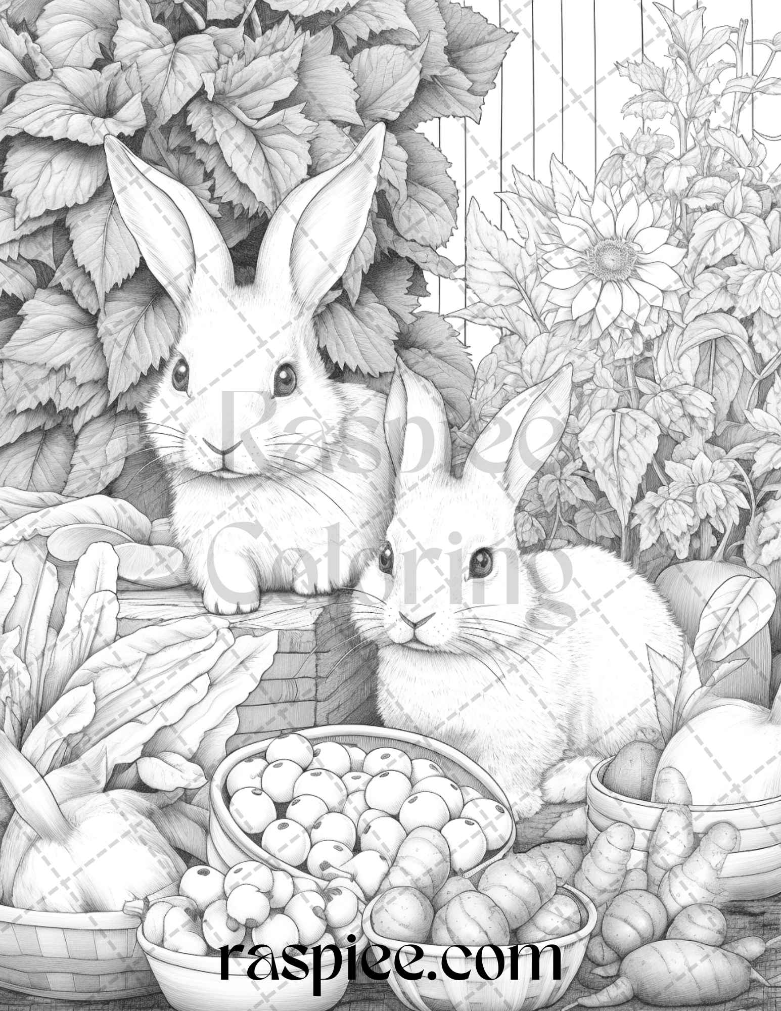 Rabbit garden grayscale coloring pages printable for adults pdf fi â coloring