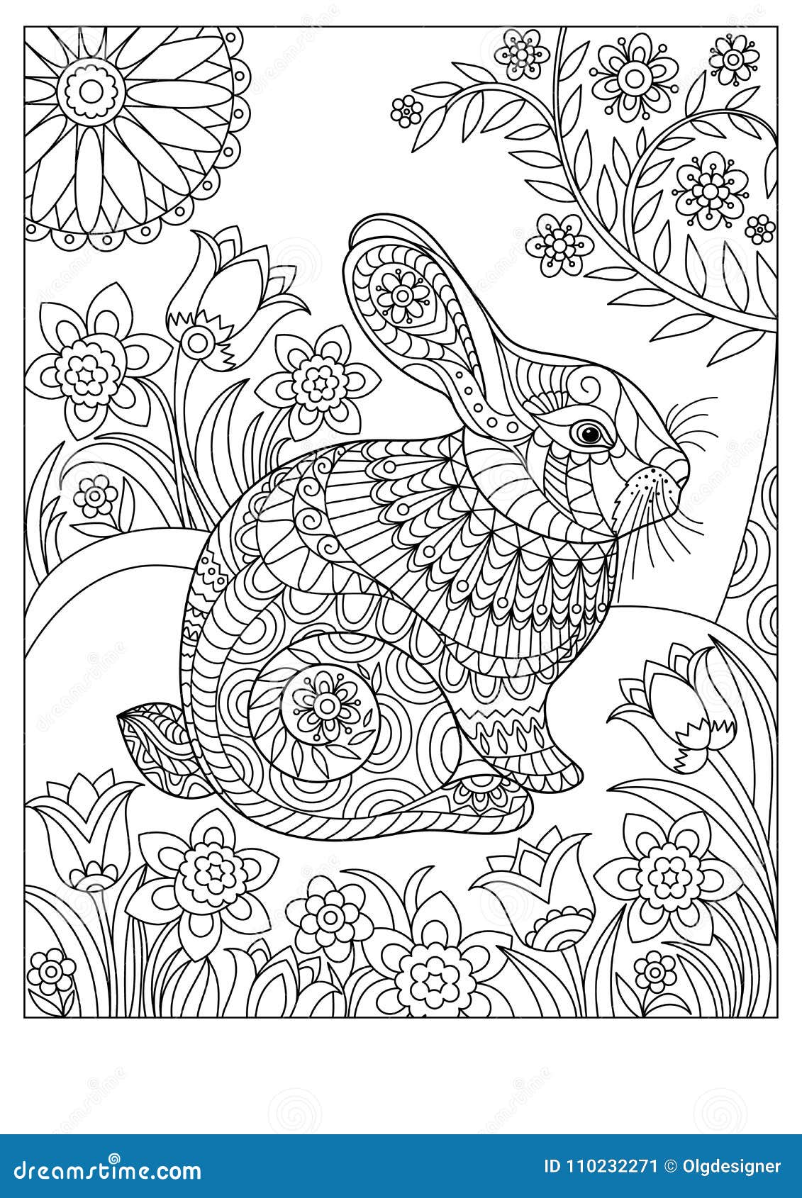 Spring rabbit coloring page for adult and children stock vector