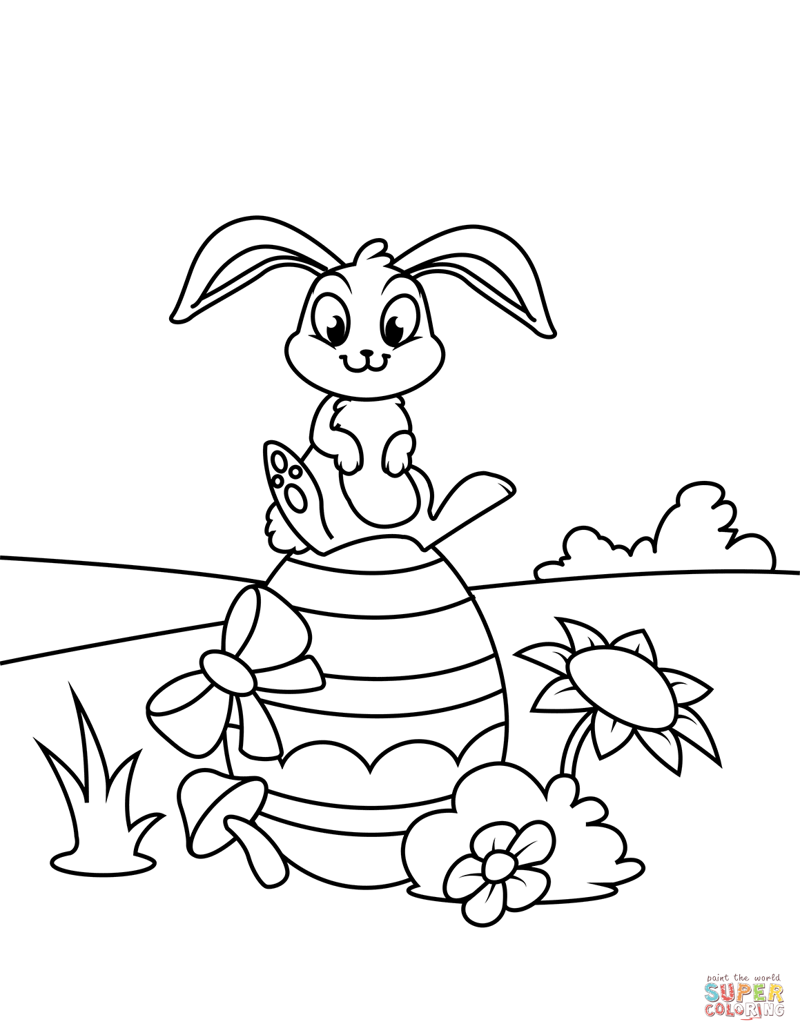 Cute bunny sitting on easter egg coloring page free printable coloring pages