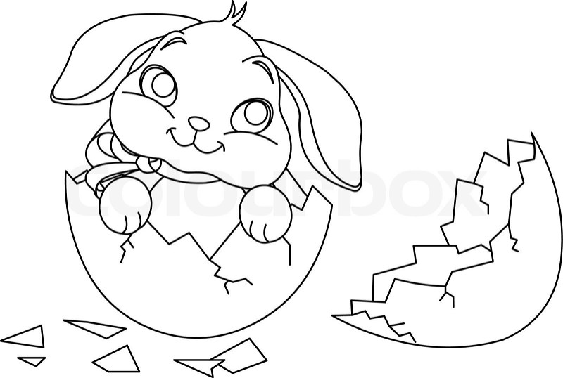 Easter bunny sitting in the broken easter egg coloring page stock vector