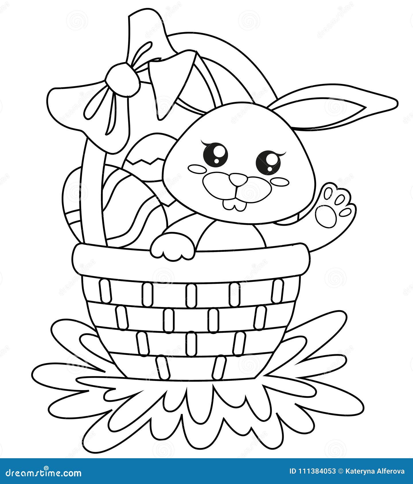 Happy easter cute bunny sitting in basket with eggs stock vector