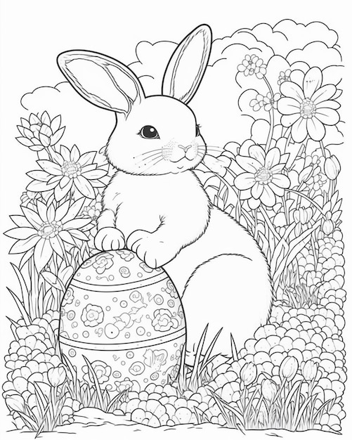 Premium ai image a coloring page with a bunny sitting on an egg in the grass generative ai