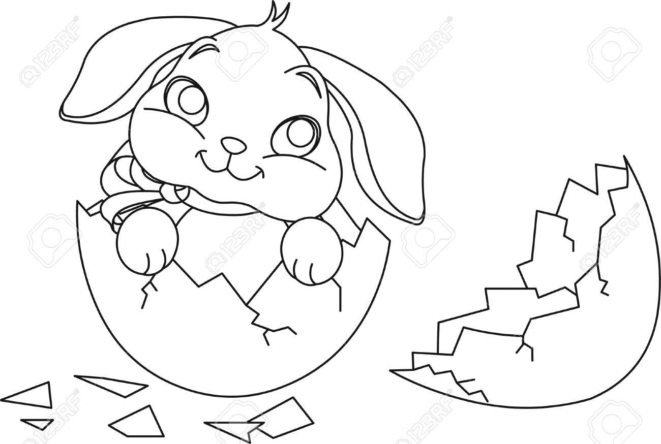 Easter bunny sitting in the broken easter egg coloring page royalty free svg cliparts vectors and stock illustration image