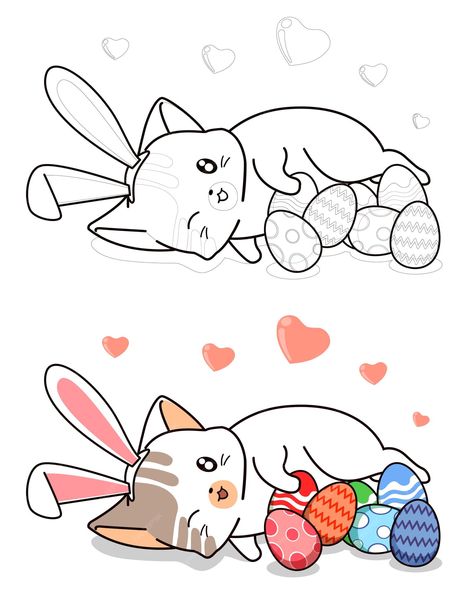 Premium vector bunny cat and eggs in easter day cartoon easily coloring page for kids