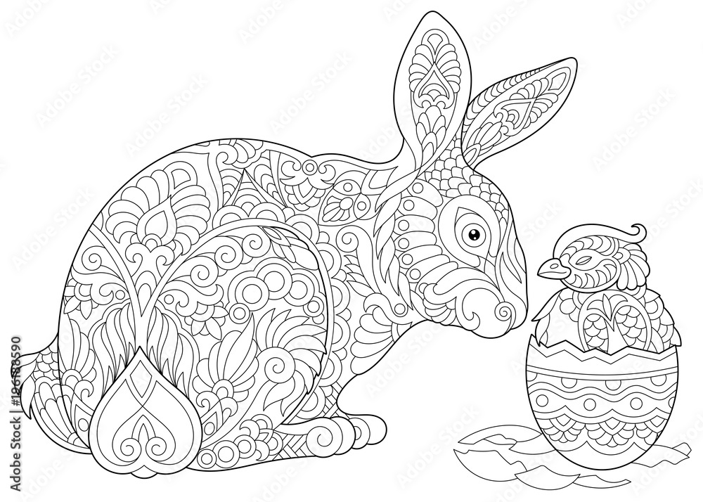 Easter bunny and newborn baby chicken in easter egg coloring page for adult colouring book antistress freehand sketch drawing with doodle and zentangle elements vector