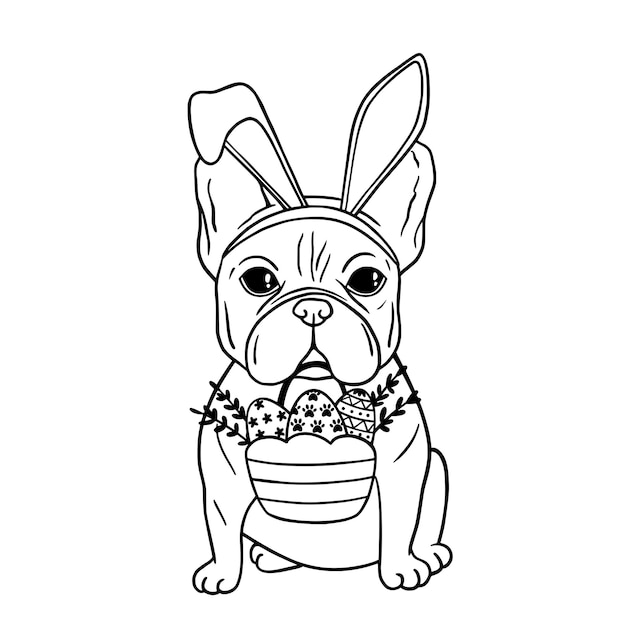 Premium vector dog with rabbit ears and easter basket easter dog french bulldog black and white hand drawn