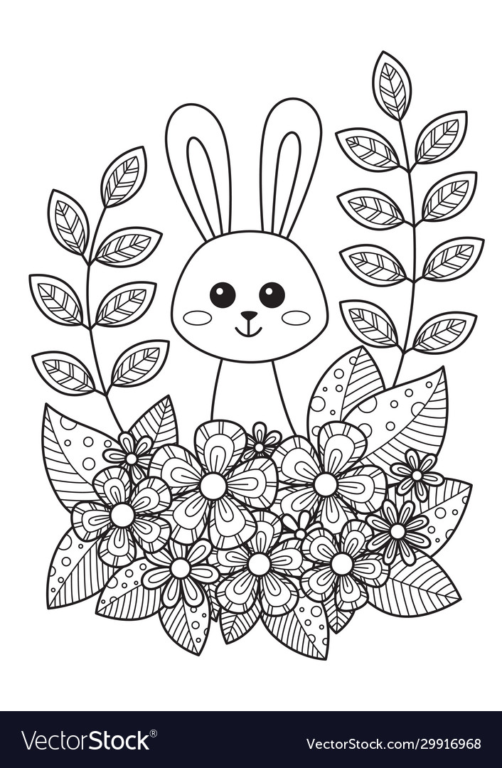 Cute easter bunny in flowers doodle coloring book vector image